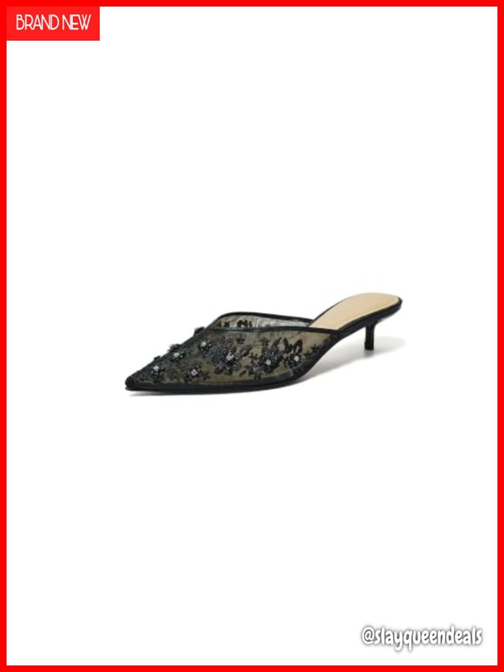 Kitten Heel Mules Lace Mesh Closed Toe Pumps Handmade Leather Insole